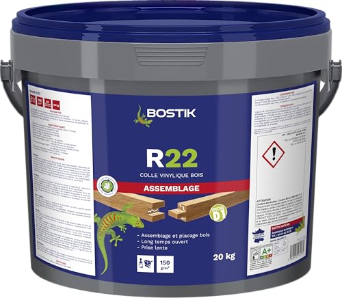 Bostik Colle Vinylique Bois R22 - Prise Lente - Colle d'Assemblage et de Placage du Bois - D1 Menuiseries Intérieures - Meubles - Blanc - Seau de 20 kg