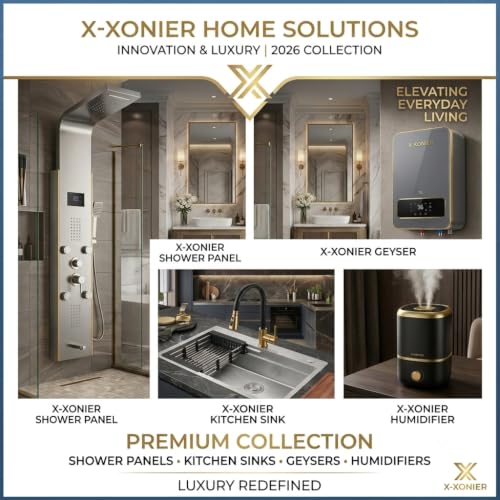 Image of X-XONIER Thermostatic Shower Panel 4 in 1 with Temperature Display 3 Ways Hand Shower Led Light Digital LED Display Hot & Cold Mixer Overhead & Ambient Lighting Jet Spray White