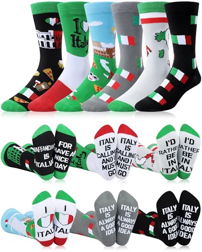 Halfchet 6 Pairs Novelty Italy Australian Flag Crew Socks for Men Traveler Souvenirs City Travel Gifts for Christmas Birthday, Red, Green, White, Black, Yellow, Blue, 5 UK