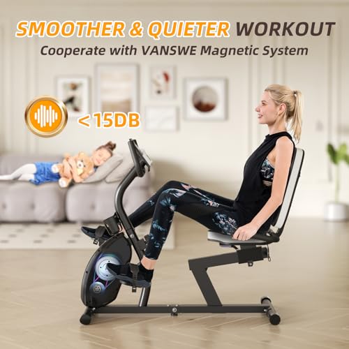 Image of VANSWE Recumbent Exercise Bike for Home Seniors with 380 LB Weight Capacity | Fit 5'1 inch-6'1 inch, 16-Level Magnetic Resistance, Bluetooth App Connectivity, Whisper Quiet(＜10DB), Back-lit LED Display & Pulse