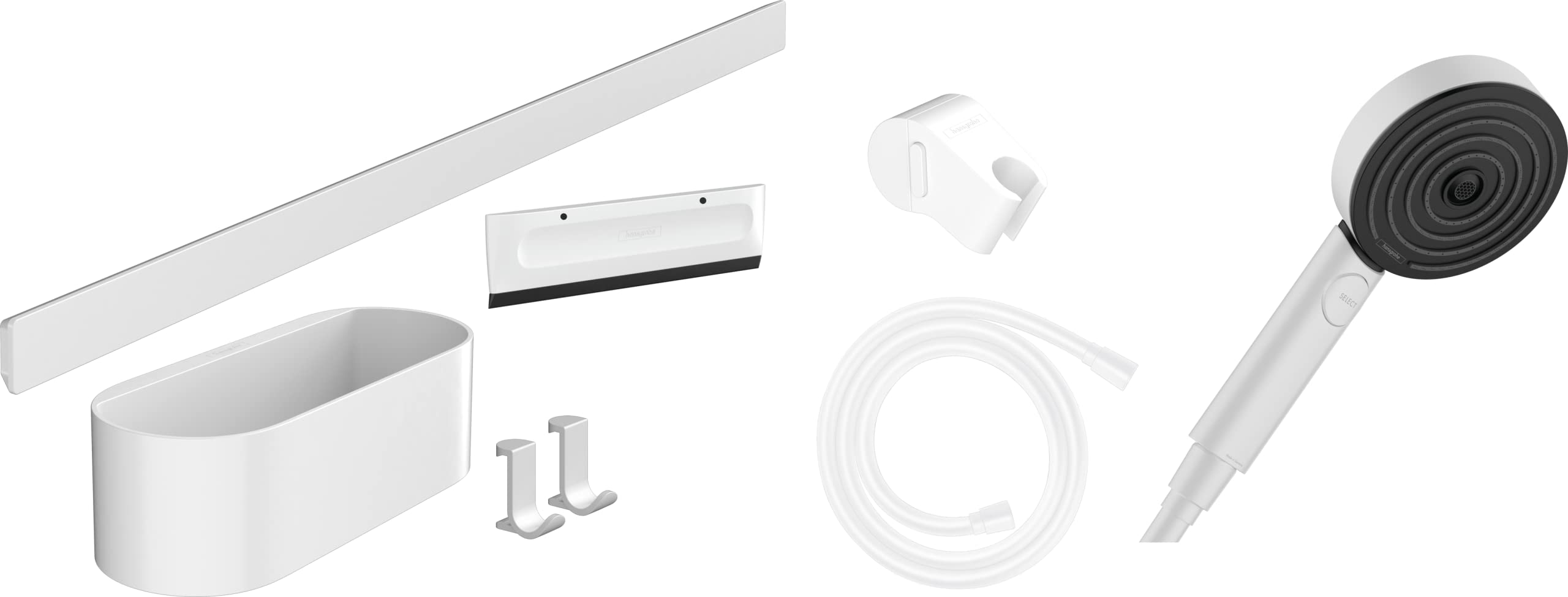 hansgrohe WallStoris - Juego de accesorios para el baño sin perforación 7 piezas, con alcachofa de ducha ahorro de agua y accesorios de baño, color blanco mate, 24291700