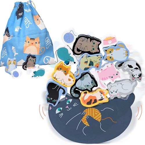 Shinse バランスゲーム 積み木 可愛い 猫 収納袋付き 14点ブロック 木のおもちゃ モンテッソーリ つみき 知育玩具 集中力 指先訓練 早期開発 創造力 大人でも楽しめる 子供 1 2 歳見守りで遊ぶ 男の子 女の子 キッズ 3 4 5 6歳