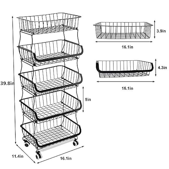 5 Tier Fruit Basket for Kitchen Storage with Wooden Table Top, Stackable Metal Wire Organizer Baskets Fruit Vegetable Storage Bin Rack for Kitchen, Pantry, Bathroom, Garage (5 Tier Baskets)-tYAwH8II