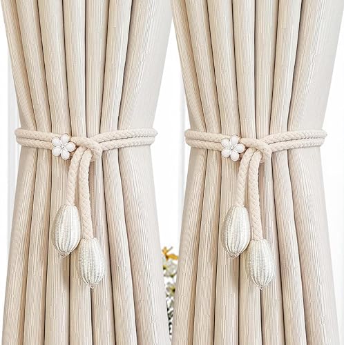 2 Pack Minimalist Curtain TiebacksAdorned with Flower and Pendants-Beige