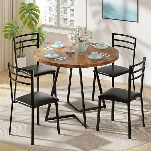Image of VECELO 35 inch Round Dining Table for 4, Wood-Grain Tabletop & Heavy-Duty Steel Frame, for Kitchen, Living Room, Easy Assembly, Antique Brown