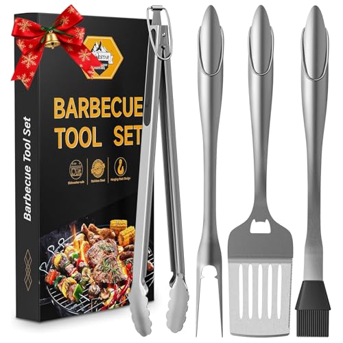 SHINESTAR Heavy Duty Grill Tools Set, Stainless Steel Grilling Accessories with Spatula, Tongs, Fork and Basting Brush, 4PCS, Ideal Grilling Gifts for Man