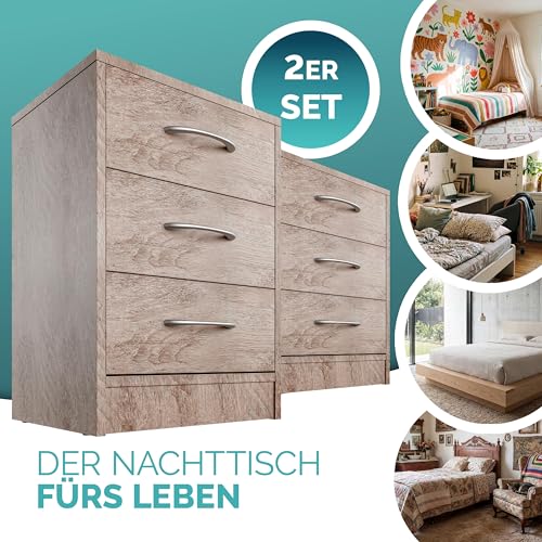 CASARIA 2X Nachttisch mit 3 Schubladen Holz Eiche – Ansicht 7