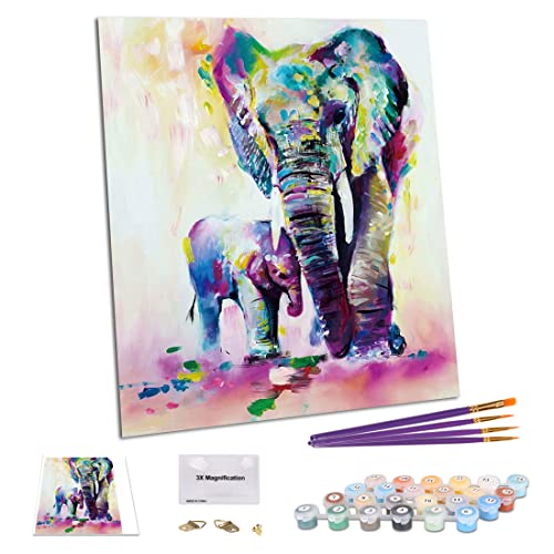 TAHEAT Nueva Pintura de Bricolaje por números 16 x 20 para Adultos, Kit para Principiantes, Lienzo de Lino para niños, Elefante Colorido, Padre e Hijo (sin Marco) Cover