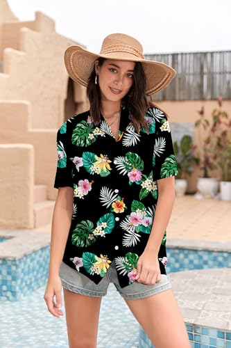 Image of SANGTREE Girls & Women's Hawaiian Shirts Button Down Short Sleeve Floral Tropical Shirt Beach Vacation Blouse Tops