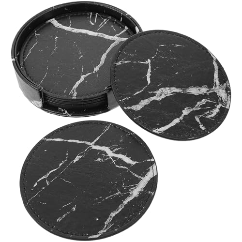 Lurrose 耐熱レザー丸型コースター ホルダー付 家用コーヒーテーブル保護用 飲み物用カップマット シンプルエレガント装飾