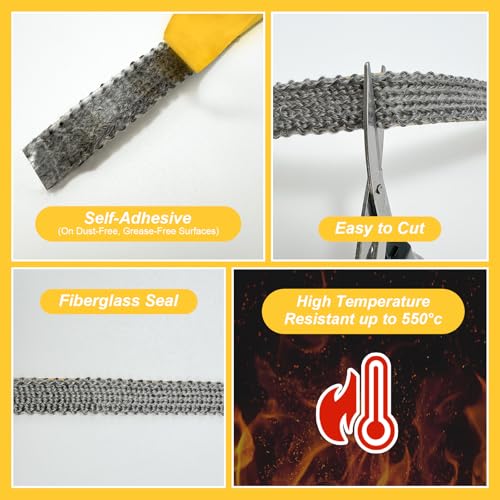 Xpieoyrm Kamin Dichtband, 2mm x 15mm x 2m Dichtungsband Selbstklebend, Ofen Dichtungsbänder Glasfasern Hitzebeständig, Dichtungsband Feuerfestes für Ofenrohr, Dichtschnur für Kaminofen