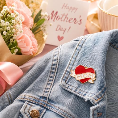Image of LUOZZY 12pcs Mom Heart Pins Red Enamel Love Brooches for Mothers Day | Eye-Catching Red Heart Mom Enamel Pins For Birthday Parties