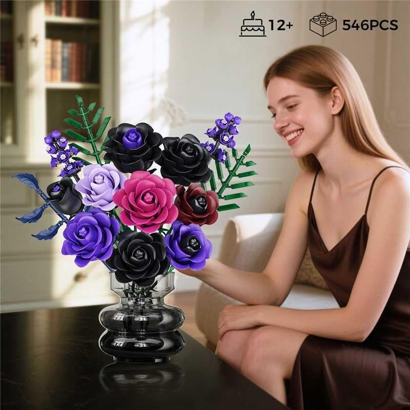 HOGOKIDS Flowers Bouquet Building Set - Valentine 14 Purple Roses Botanical Collection Building Block, 546PCS Artificial Black Rose Gothic Floral Home Office Decor, Birthday Gifts for Women Adults - Image 6