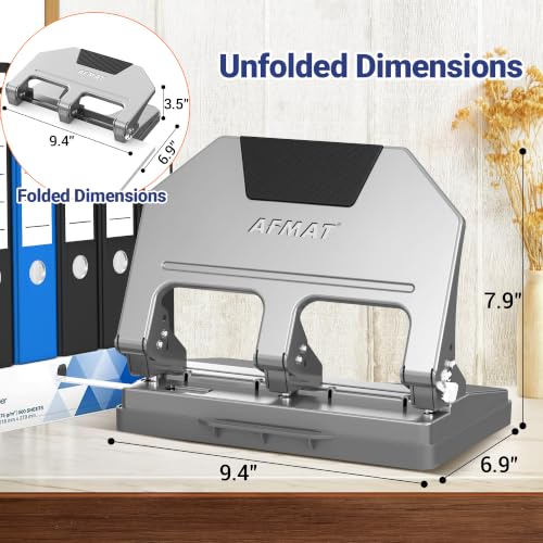Image of AFMAT 3 Hole Punch Heavy Duty, 9 /32 inch Hole Diameter, 50-Sheet 3 Hole Puncher for Binder, 50% Reduced Effort, Metal Three Hole Punch w / 10,000+ Uses, Bulit-in S.S. Paper Guide, Large Chip Tray, HPX5