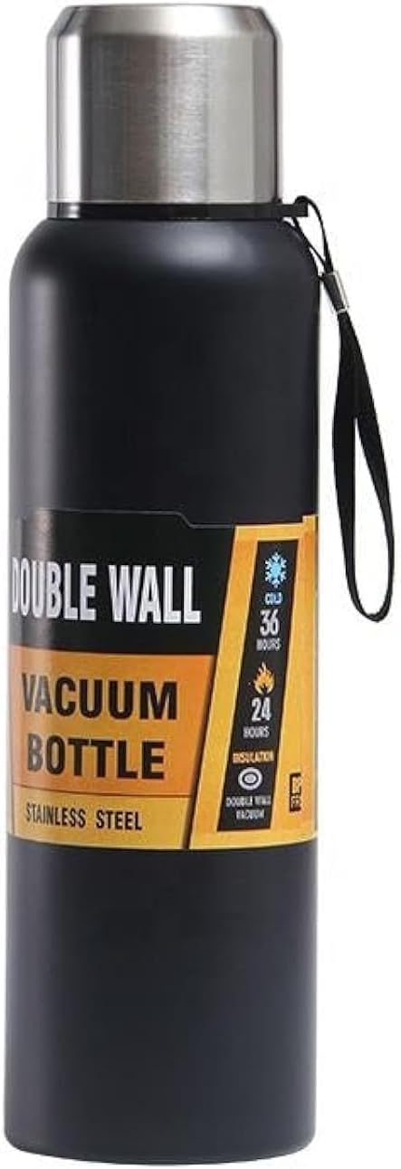 Large Capacity Stainless Steel Vacuum Flask with Strap,Double Wall Insulated Water Bottles, Leak Proof Thermos for Hot Drinks or Cold, Coffee Travel Mugs for Women Men | 600ml| BLACK