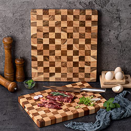 Rectangle End Grain Acacia/Rubber Wood Cutting Board -Reversible, Hand Grips,Thick 15.4X10.6X1.2Inches |Cutting Block For Kitchen #TOP6