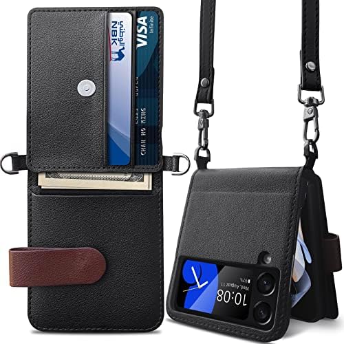 CENMASO for Samsung Galaxy Z Flip 4 Case, Z Flip 4 Case with Detachable Card Holder, Adjustable Cross-Body Strap Leather Wallet Hinge Protection Cover Case for Samsung Z Flip 4 (Black)
