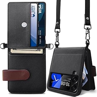CENMASO for Samsung Galaxy Z Flip 4 Case, Z Flip 4 Case with Detachable Card Holder, Adjustable Cross-Body Strap Leather Wallet Hinge Protection Cover Case for Samsung Z Flip 4 (Black)