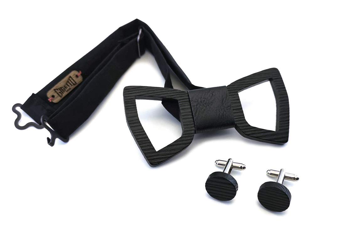 GIGETTO Papillon e Gemelli in legno Nodo ecopelle nero Made in Italy