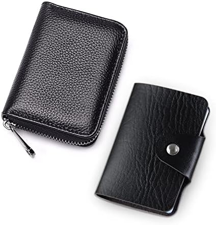 1 Credit Card Holder RFID Blocking PU Leather Wallet Purse with Zipper, and 1 Small Soft Leather Card Case Slim Pocket Wallet ID Card Organiser with 12 Insert Sleeves for Women Men