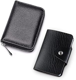 1 Credit Card Holder RFID Blocking PU Leather Wallet Purse with Zipper, and 1 Small Soft Leather Card Case Slim Pocket Wallet ID Card Organiser with 12 Insert Sleeves for Women Men