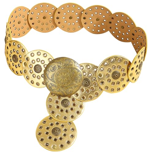 Hollow Wide Disc Belt for Women Concho Leather Metal Buckle Boho Belt Cowgirl Vintage Western Chunky Waist Belts