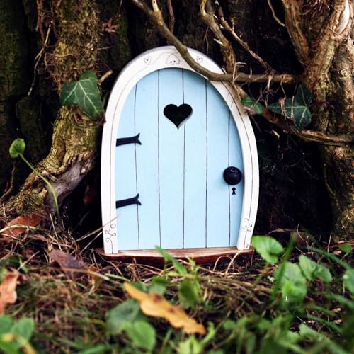 Gxdamxz Porticina Elfo Legno, Porta Fate Legno per Giardino & Albero, Blu, 10x8cm
