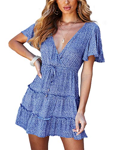 Relipop Women's Dresses Floral Print V Neck Short Flared Sleeve High Waist Ruffle Hem Short Dress with Drawstring Blue