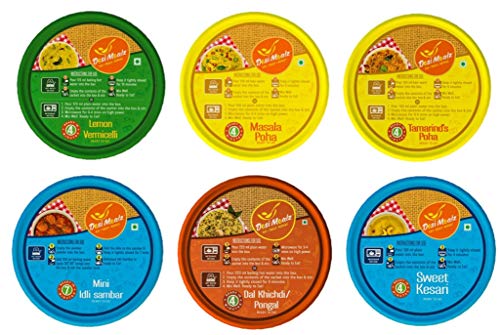 Image of Ready to Eat Breakfast Food Jain Special -Tasty & Healthy Eat Food Products (Pack of 6, 100G Each)Masala Poha, Tamarind's Poha, Sweet Kesari, Lemon Vermicelli, Dal Khichdi (Pongal), Mini Idli Sambar