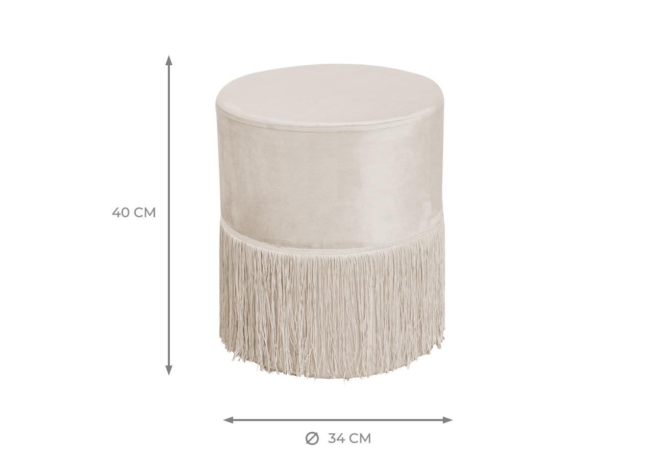 BIANCHERIAWEB Pouf Salotto/Camera con Frangette Imbottito Modello Velvet Malibù Tinta Unita Pouf Beige