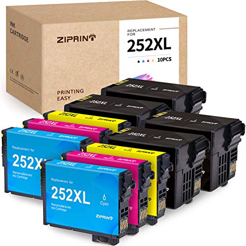 ZIPRINT Remanufactured Ink Cartridge Replacement for Epson 252 252XL Ink for Epson Workforce WF-7720 WF-7710 WF-3640 WF-3620 WF-7620 WF-7610 WF-7110 Printer(4 Black 2 Cyan 2 Magenta 2 Yellow, 10-Pack)