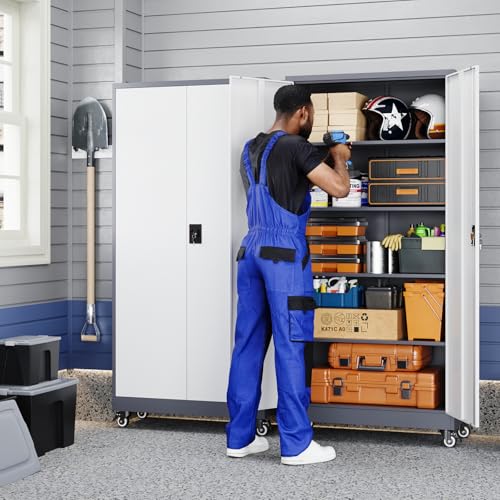Image of Yizosh Metal Garage Storage Cabinet with Locking Doors and Adjustable Shelves,- 75 inch Rolling Steel Tool Cabinet for Home Office,Garage,Warehouse