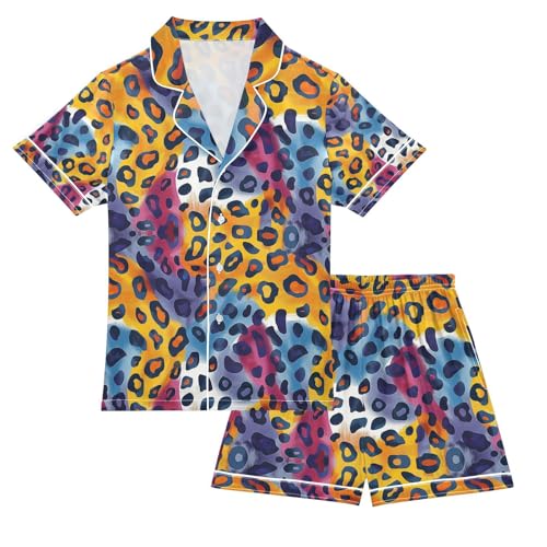 senya Rainbow Leopard 3 Satin Summer Pajama Sets Silk Short Sleeve Button Down Sleepwear
