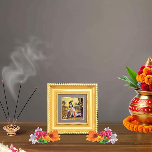 Image of DIVINITI Laddu Gopal 24K Gold Plated Foil Tabletop Photo Frame for Home Decor, Puja Room, Luxury Gifting | DG Frame 015 S1A (10x10 CM)