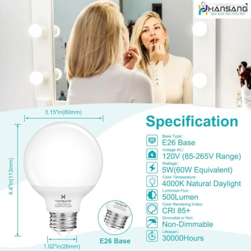 Image of 8 Pack G25 LED Globe Light Bulbs 4000K Natural Daylight, E26 Base Bathroom Light Bulb, 60W Incandescent Equivalent, Vanity Mirror Round Light Bulbs, 500LM, Non-Dimmable