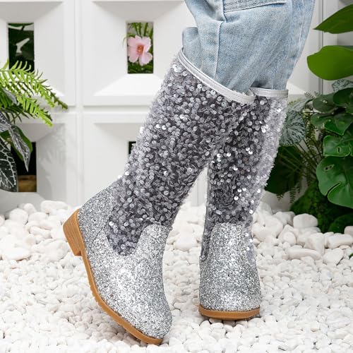 IWIHMIV Princess Dress Up Boots for Girls High Boots with side Zipper Glitter Round Toe Mid Calf Riding Long Booties3