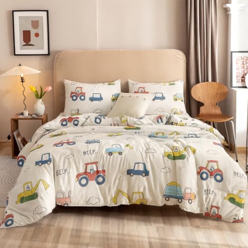 Image of Anjali Overseas 200 GSM 400 TC Kids Glace Cotton Reversible Cartoon Printed Double Bed King Size Comforter with Matching Bedsheet 90 * 100 with 2 Pillow Covers Set of 4 Pieces. Truck