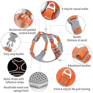 Plutus Pet No Pull Dog Harness, Release At Neck, Reflective Adjustable Dog Vest Harness, Easy Control Handle for Walking, for Small Medium Large Dogs, Orange, S
