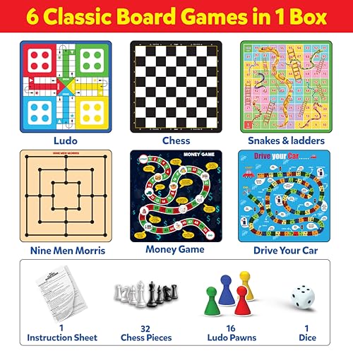 Image of 6 in 1 Classic Board Games Set for Kids & Family | Includes Ludo, Chess, Snakes & Ladders, Checkers & More | Indoor Strategy Games, Travel Friendly Game Kit for 5+ Years
