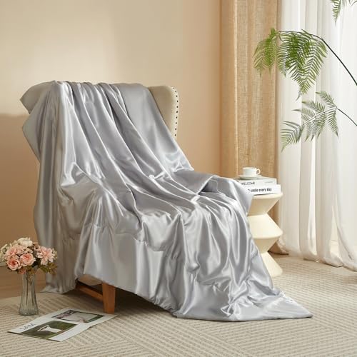 Luofanfei Kuscheldecke Wohndecke 150x200 Grau Hellgrau Satin Glänzend Decke kühlend Satindecke Bettüberwurf Glanzsatin Couchdecke Tagesdecke Sofadecke Blanket Für Sofa Überwurf Bett Schlafzimmer Büro