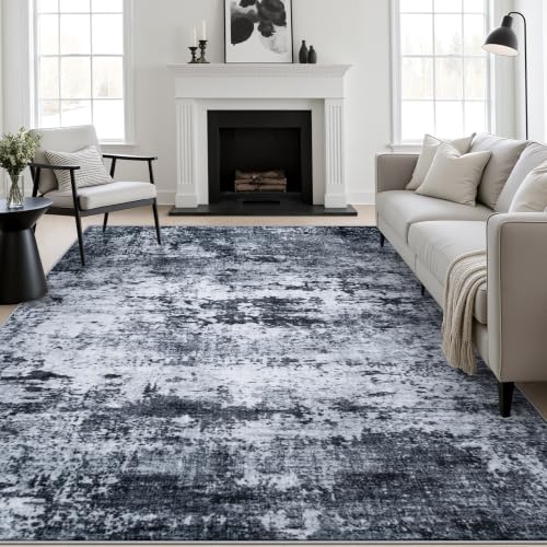 FXRHLP 8x10 Area Rug Living Room: Modern Washable Indoor Carpet Black