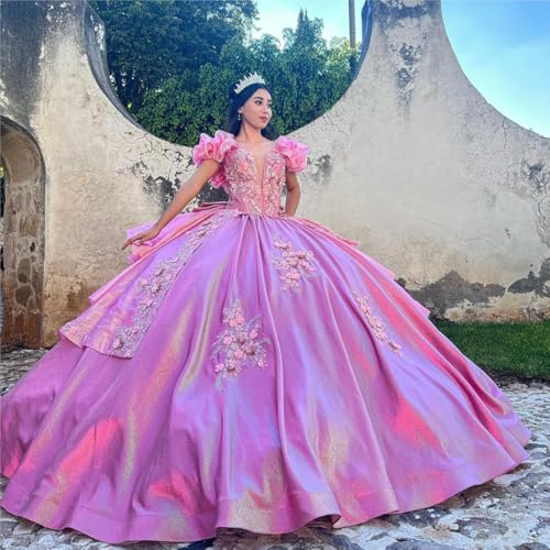 Zhangyo Satin Quinceanera Dresses with Bow Puffy Ruffle Sleeve Sweet 15 16 Dresses Princess Off Shoulder Beaded Ball Gowns4