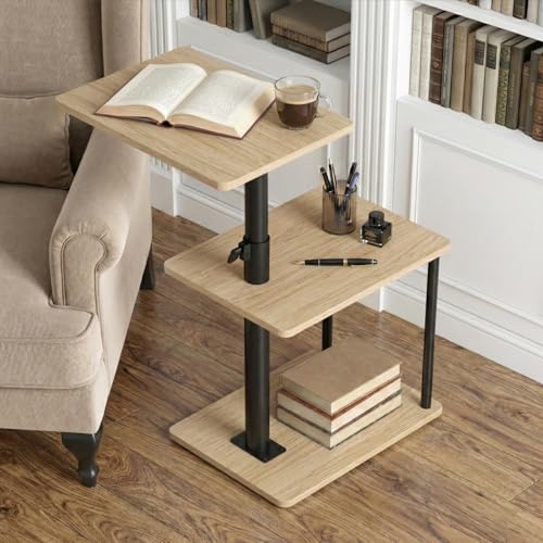 Image of Faesun 360 Swivel Side Table for Height Adjustable, C Shaped End Table for Couch with Storage, 3-Tier Night Stand with Open Shelf, Tv Tray for Small Spaces, Living Room, Bedroom, Oak
