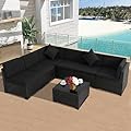 YOCONYO 7 Pieces Patio Furniture Sets, Outdoor Furniture Patio Conversation Set, All Weather PE Rattan Sectional Sofa with Cushions and Black Glass Table (Black-Black,7 Pieces-T)