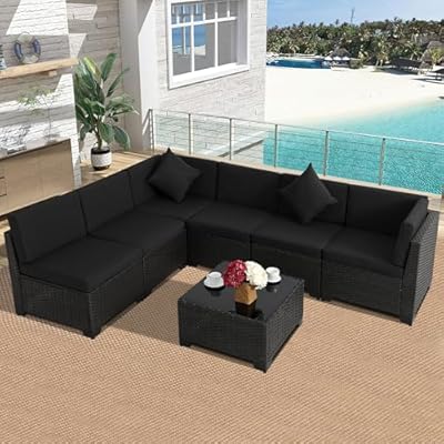 YOCONYO 7 Pieces Patio Furniture Sets, Outdoor Furniture Patio Conversation Set, All Weather PE Rattan Sectional Sofa with Cushions and Black Glass Table (Black-Black,7 Pieces-T)