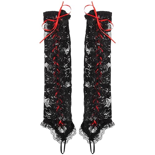 LUOZZY Halloween Lace Arm Gloves Tying Up Gloves Festival Props Costume Elbow Arm Lace Sleeves Party Favors - Black Red
