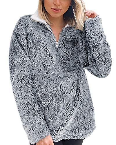 Image of ZESICA Women's Plaid Long Sleeve Zipper Sherpa Fleece Sweatshirt Pullover Jacket Coat with Pockets