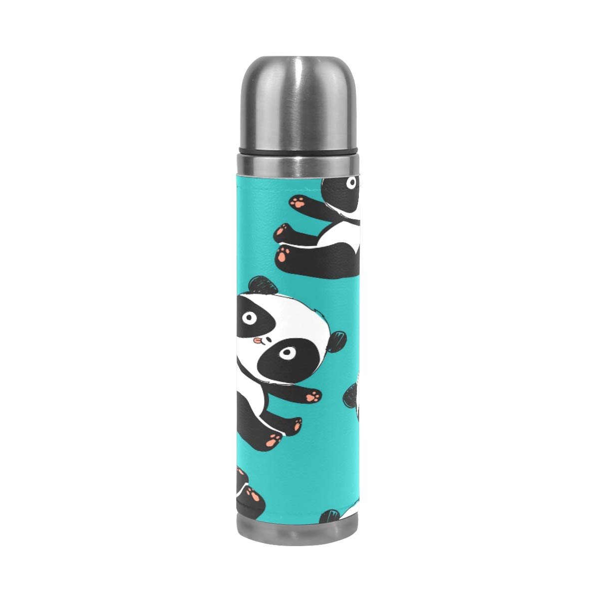 Taza de viaje aislada al vacío de acero inoxidable con doble pared a prueba de fugas, botella con diseño de oso panda personalizado impreso en piel auténtica, termo de 500 ml
