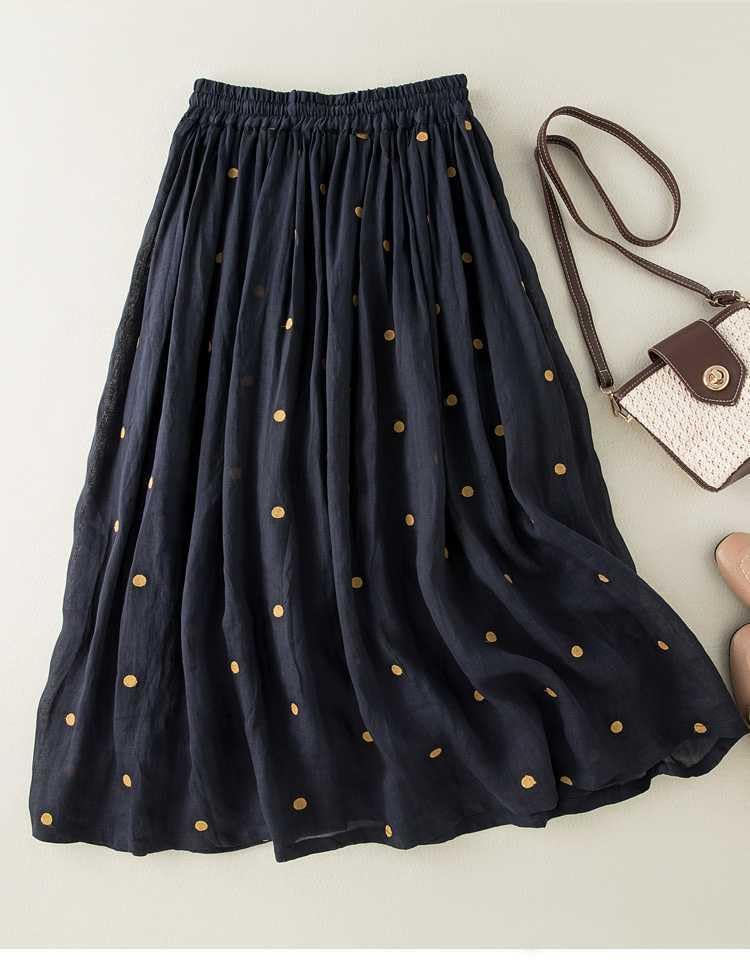 IVERIRMIN Women's Polka Dots Pleated Cotton Linen Midi Skirt Casual Summer Drawstring Elastic High Waist Layer Lined Skirts4
