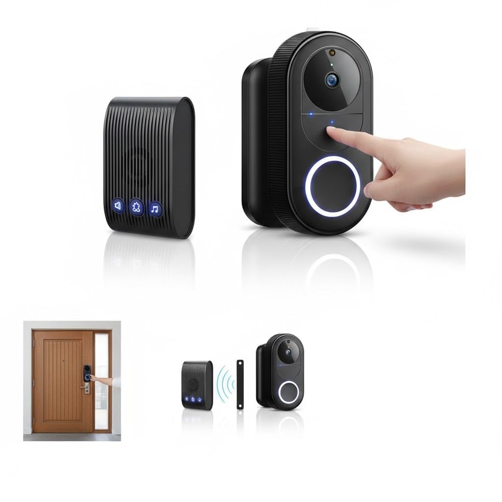 wireless wifi video doorbell camera, 1080p hd smart video door bell with camera battery operated pir motion detection night vision 2-way audio support